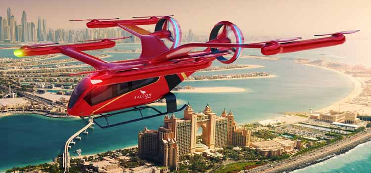 Dubai Drone Taxi (Red) Flying over the Dubai City